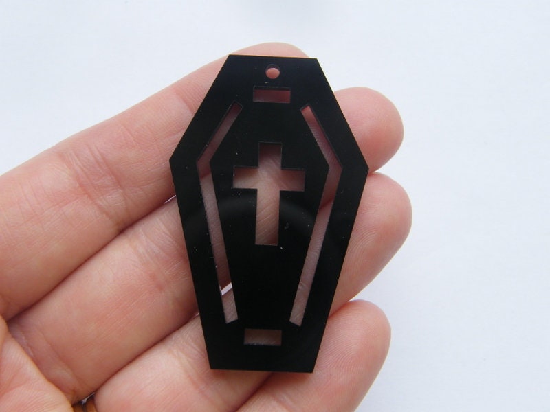 2 Coffin cross pendants black acrylic HC266
