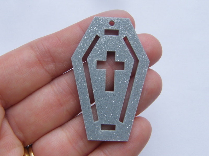 2 Coffin cross pendants grey glitter acrylic HC260