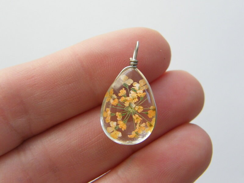 2 Dried flower orange glass pendants F276