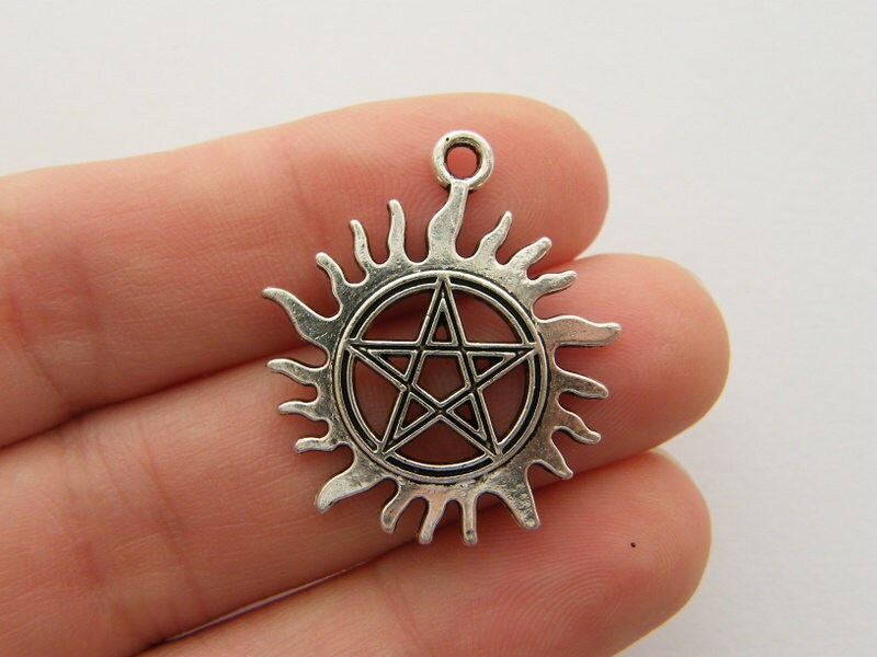 4 Sun pentagram charms antique silver tone HC259