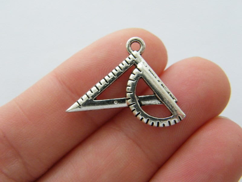 12 Protractor triangle ruler maths charms antique silver tone P505