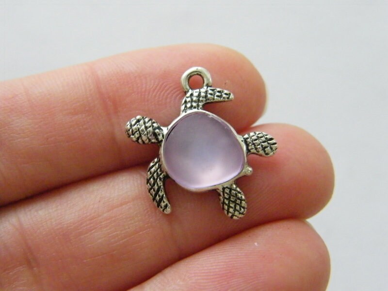 2 Turtle purple charms antique silver tone FF443