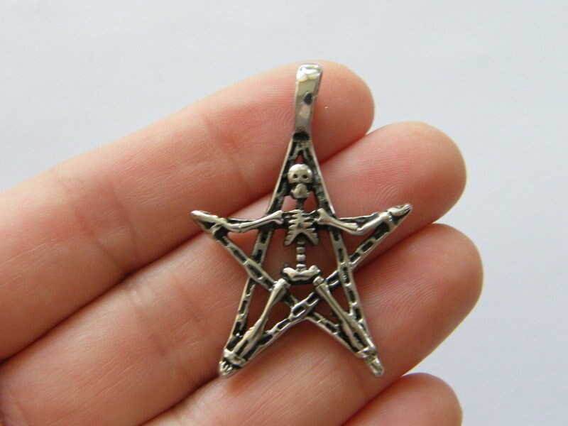 1  Pentagram skeleton pendant antique silver tone stainless steel HC279