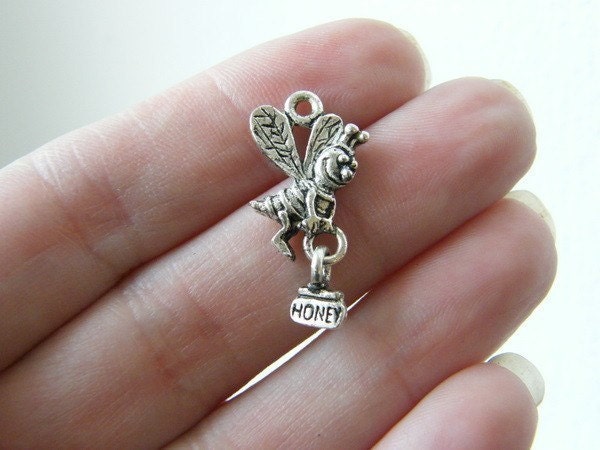 BULK 30 Bee with honey jar charms antique silver tone A316