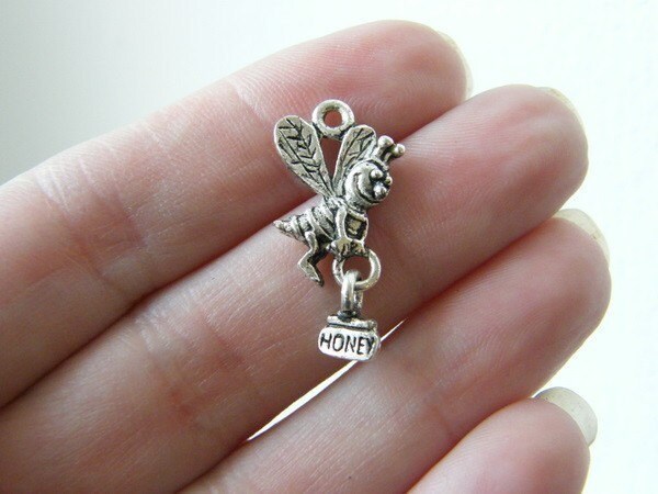 6 Bee with honey jar charms antique silver tone A316