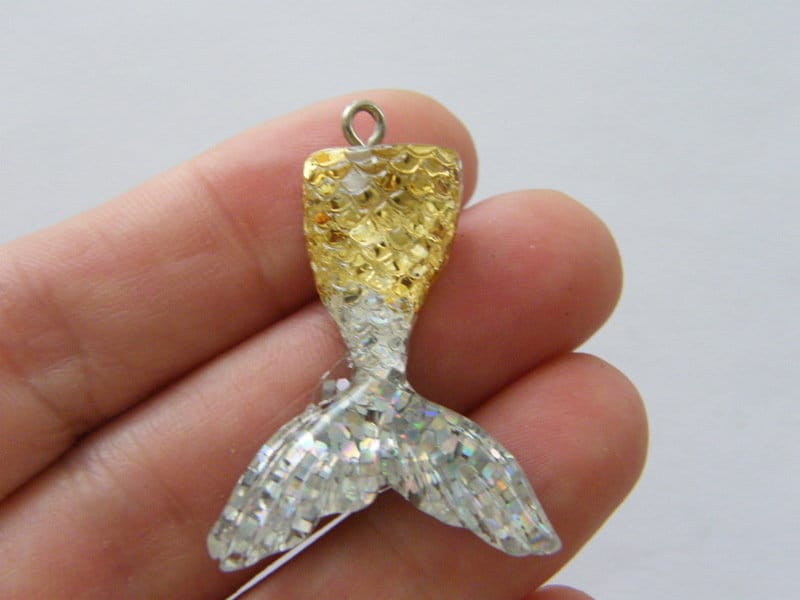 4 Mermaid tail gold silver pendants resin FF561