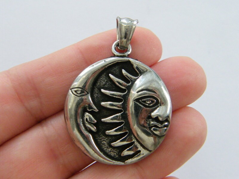 1  Moon sun pendant antique silver tone stainless steel M103