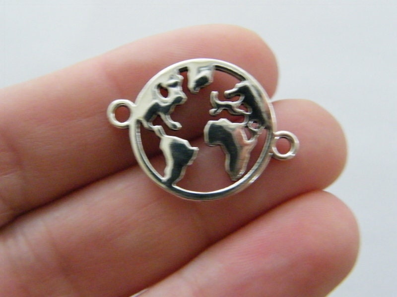 8 World map connector charms antique silver tone WT113
