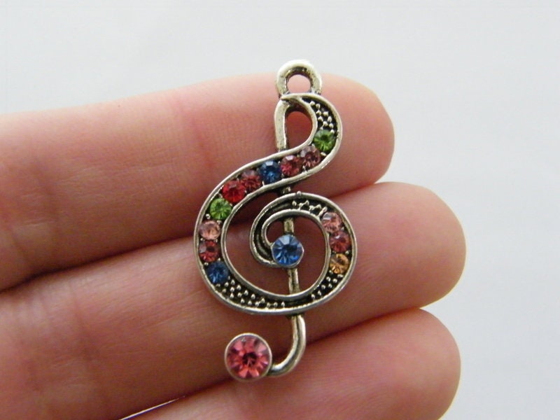 2 Music note rhinestone charms antique silver tone MN80
