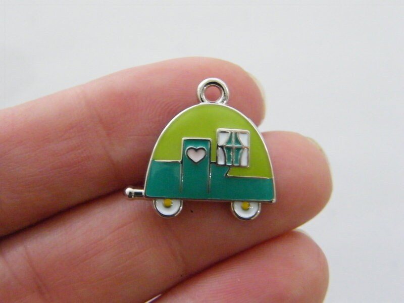 1 Caravan trailer camper charm green and silver tone TT112