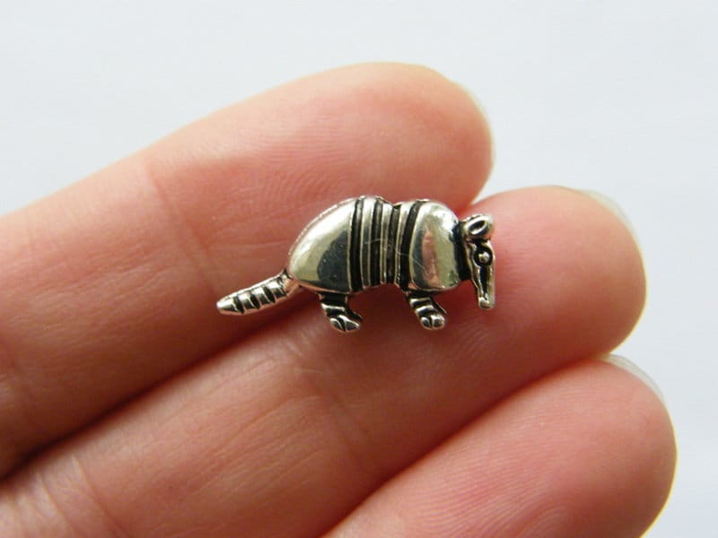 6 Armadillo charm beads antique silver tone A193