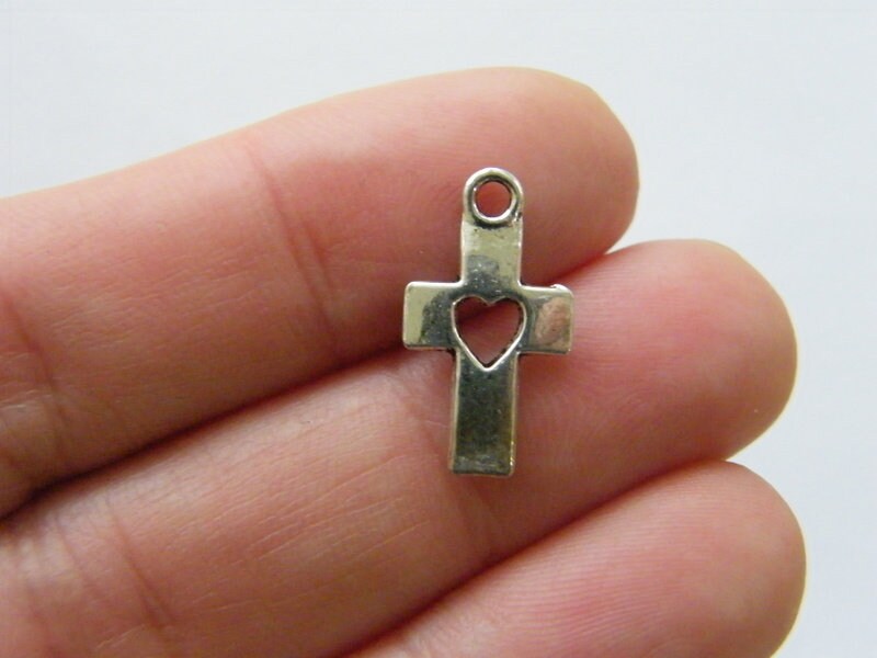 8 Cross heart charms antique silver tone C93