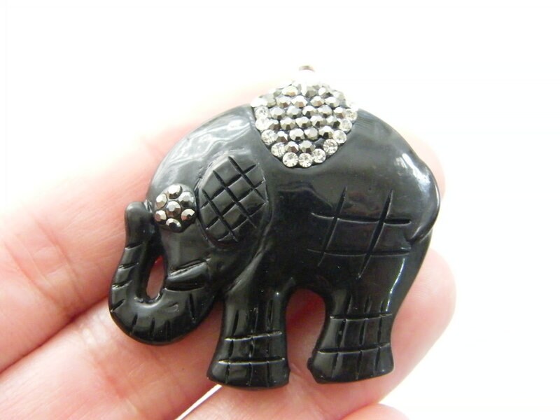 2 Large elephant pendants clear and grey rhinestone black resin A1064