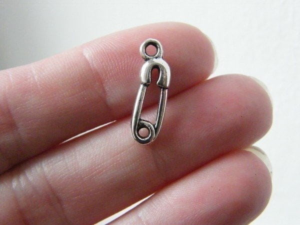 12 Safety pin charms  antique silver tone P496