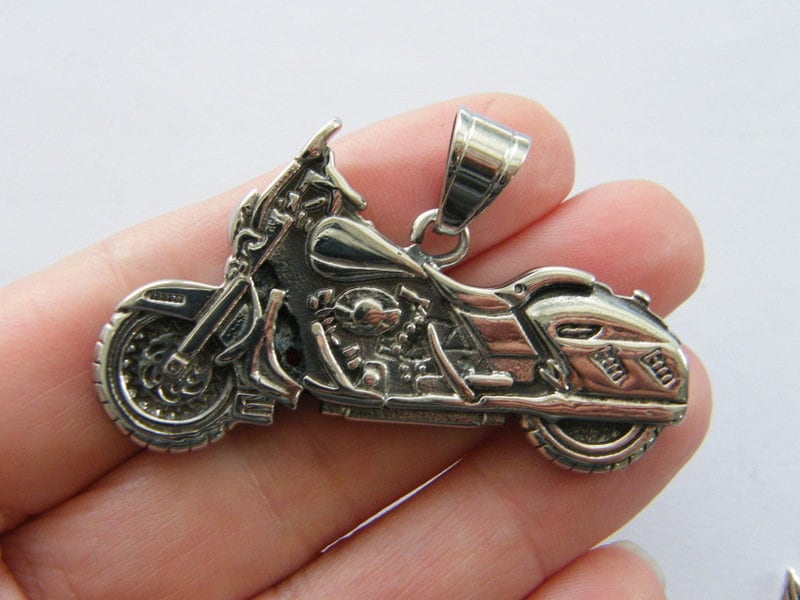 1 Motorbike charm antique silver tone stainless steel TT114