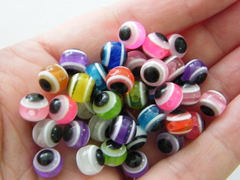 100 Evil eye 8mm round beads random mixed resin BB869