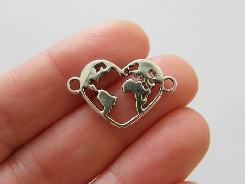 BULK 50 World map heart connector charms antique silver tone WT116