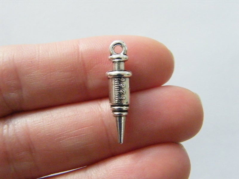 4 Syringe injection charms antique silver tone MD140