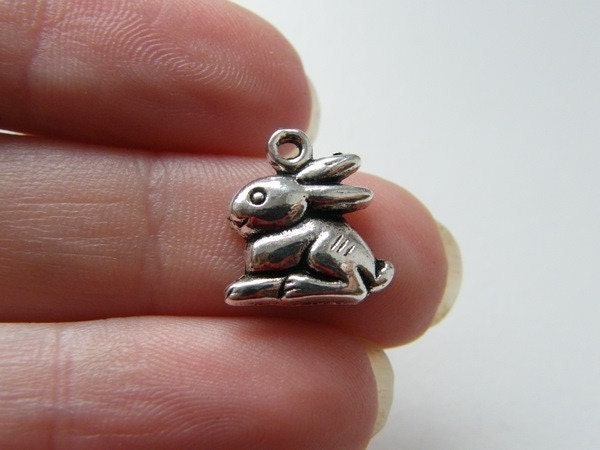 10 Rabbit charms antique silver tone A254