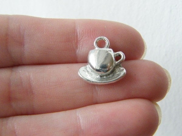 8 Cup and saucer teacup charms antique silver tone FD61