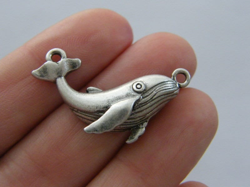 2 Whale connector charms antique silver tone FF15