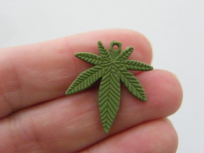 4 Marijuana weed leaf charms khaki green tone L64