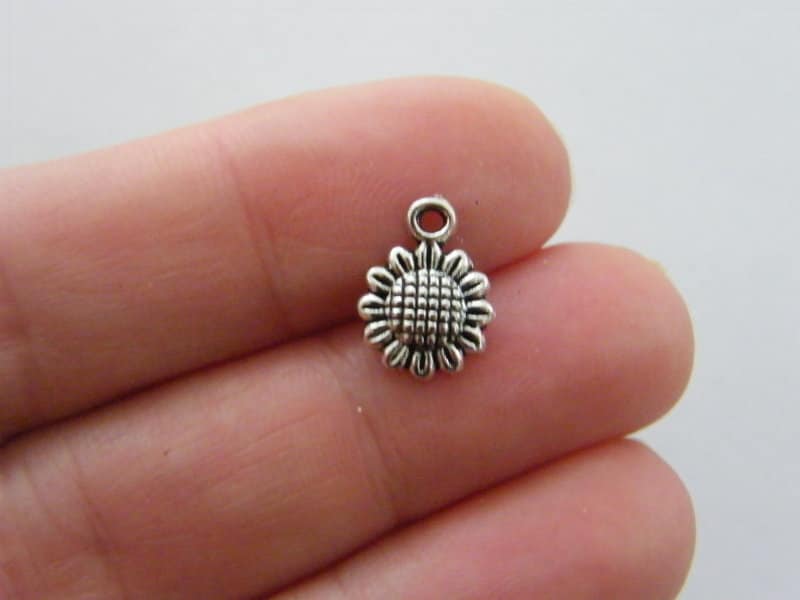 12 Sunflower charms antique silver tone F116