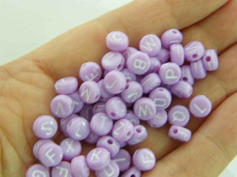 100 Acrylic round lilac purple alphabet letter RANDOM beads AB347  - SALE 50% OFF
