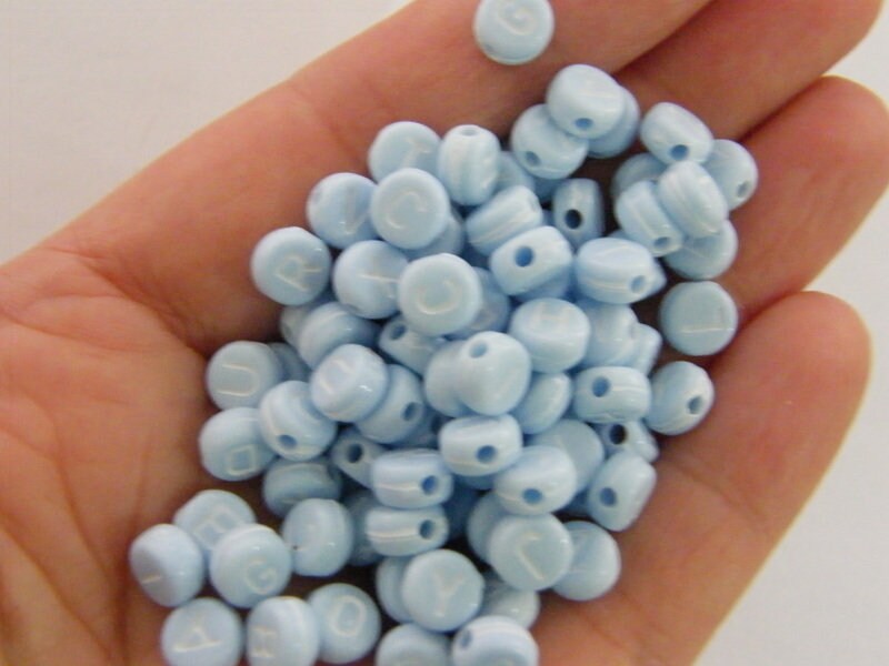 100 Acrylic round blue alphabet letter RANDOM beads AB346  - SALE 50% OFF