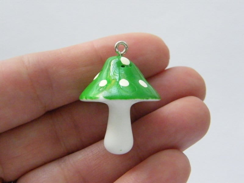 2 Mushroom green and white charms resin L150