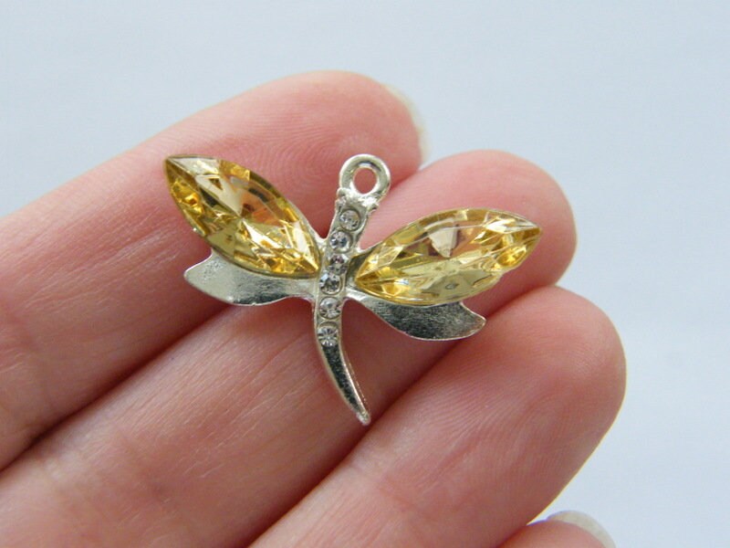 4  Yellow rhinestone dragonfly pendant silver plated A344