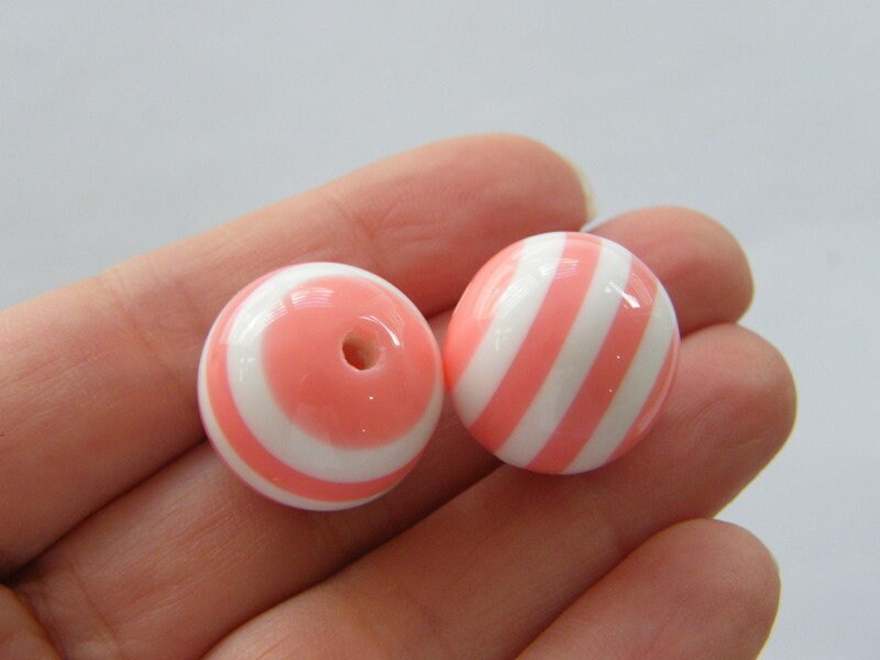 10 Salmon pink and white striped resin 20mm beads B158