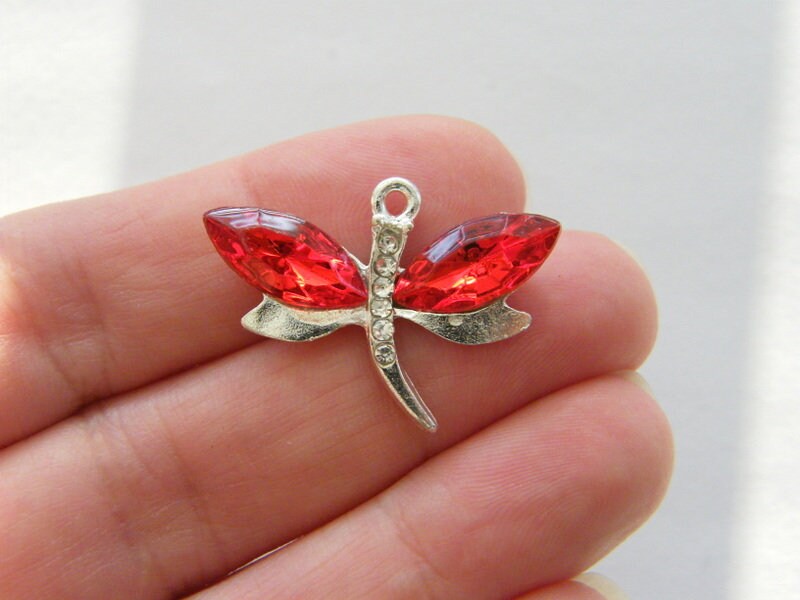4  Red rhinestone dragonfly pendant silver plated A1037