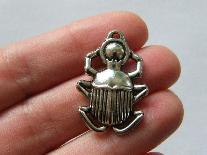 6 Scarab charms antique silver tone WT117