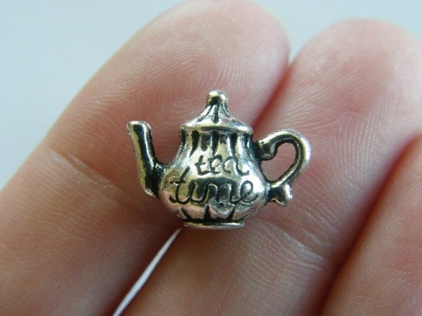 4 Teapot tea time charms antique silver tone FD59