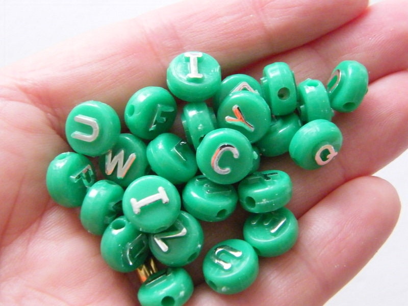 100 Acrylic alphabet 10mm letter green and silver RANDOM beads BB460 - SALE 50% OFF