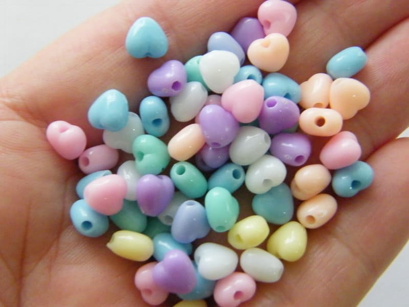 120 Acrylic  heart 7mm RANDOM pastel beads AB24  - SALE 50% OFF