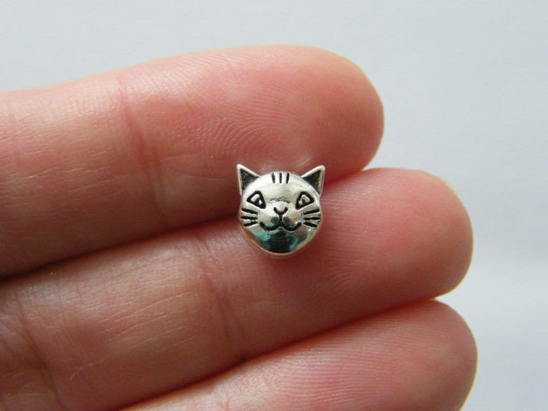 12 Cat spacer bead charms antique silver tone A1095