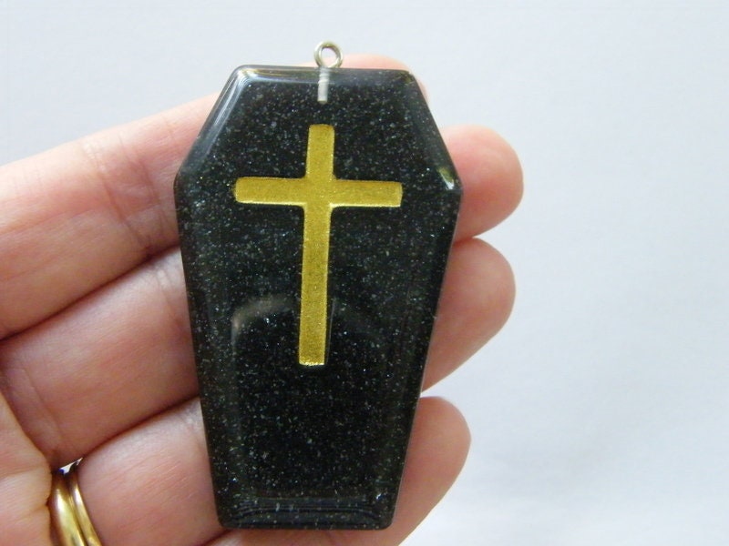 1 Coffin black glitter gold cross resin pendant HC199