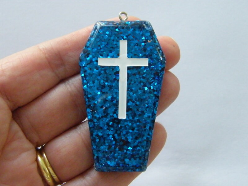 1 Coffin blue glitter white cross resin pendant HC191
