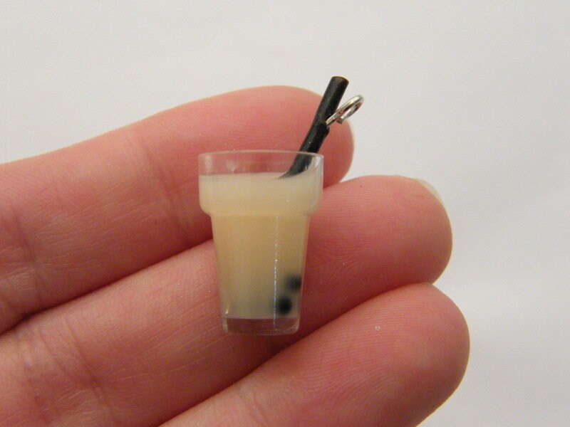8 Brown bubble tea cocktail plastic cup  black straw charms resin FD191