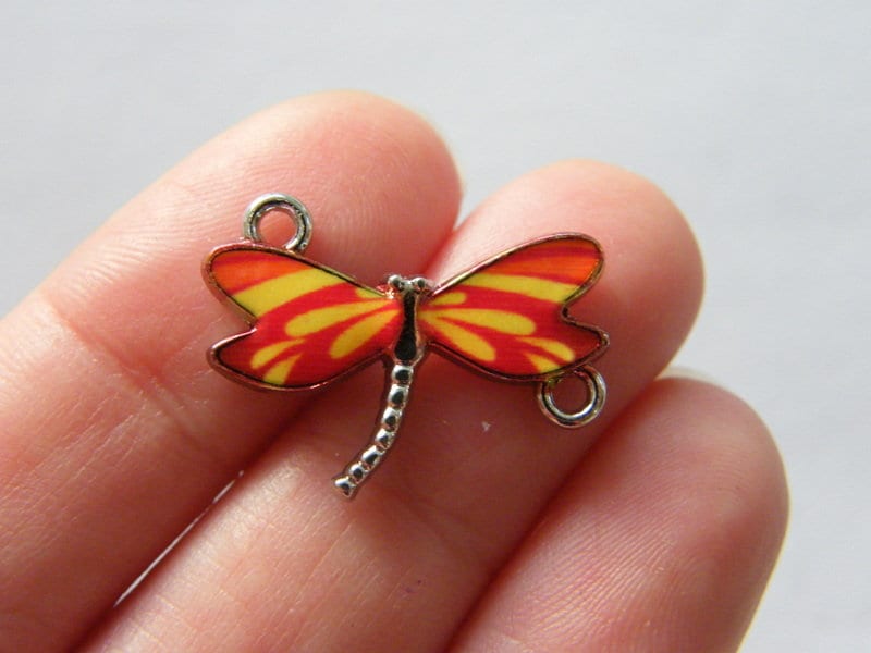 4 Dragonfly connector red yellow orange charms silver tone A367