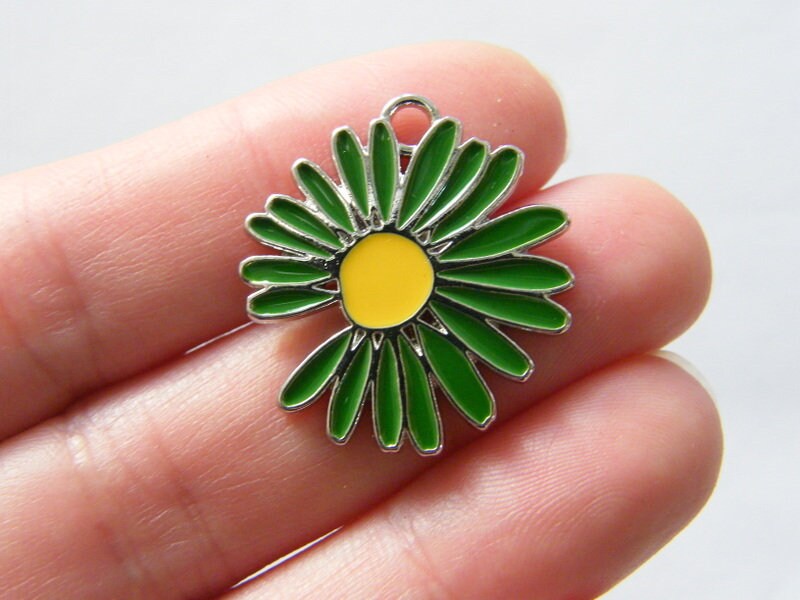 4 Flower charms green and yellow silver tone F315