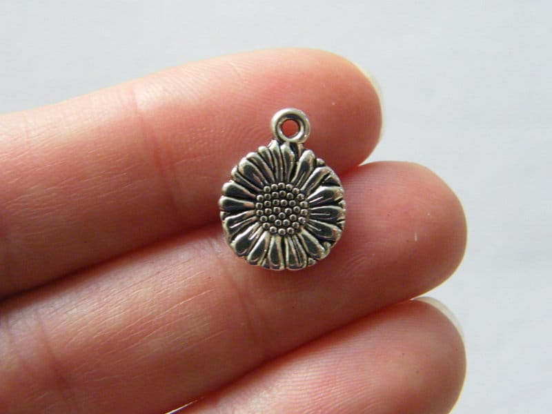 10 Sunflower charms antique silver tone F314