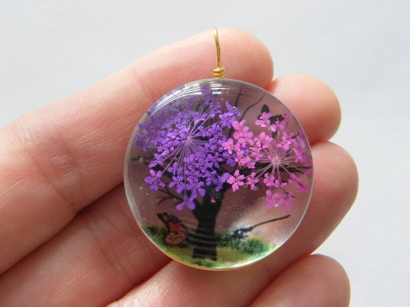 1 Tree scenery glass pendant gold  tone T10