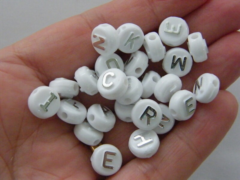 100 Acrylic alphabet 10mm letter white and silver RANDOM beads BB459