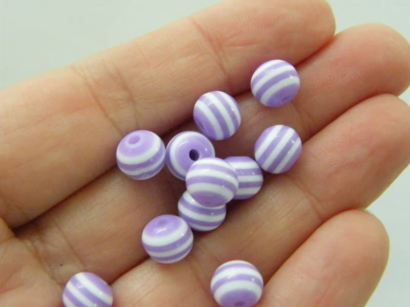 33 Lilac purple and white  striped resin 8mm beads AB92 - SALE 50% OFF