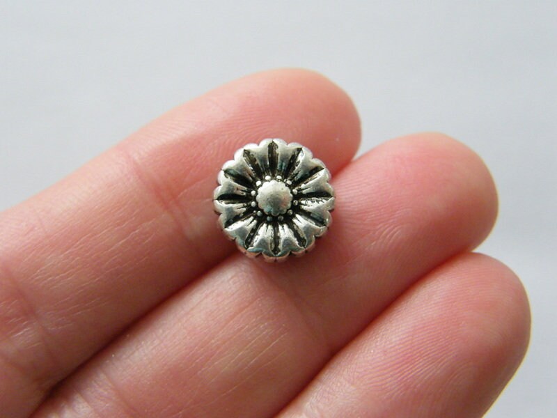 10 Flower spacer beads antique silver tone F324