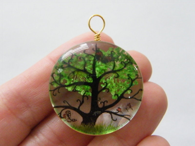1 Tree scenery glass pendant gold  tone T34