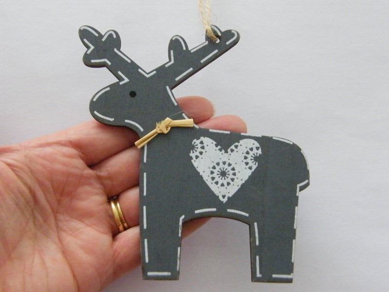 2 Reindeer grey white heart pendants wood  CT  - SALE 50% OFF